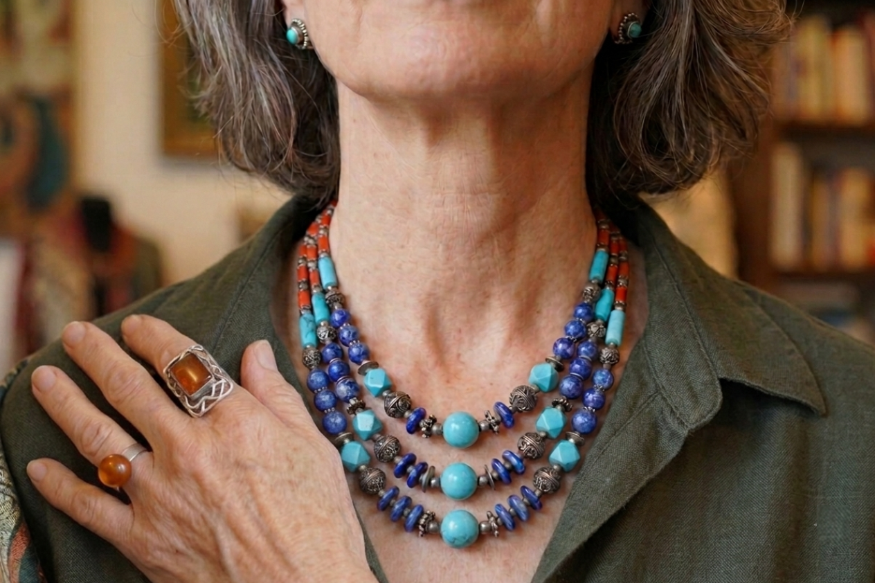 Collana etnica e anelli indossati da una signora