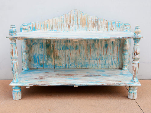 base indiana in legno di teak dipinto su base di gesso  azzurro , bianco decapato .  porta tv , tavolino , mobile da muro .  lavorato a mano artigianalmente  93 x 43 h.64 cm