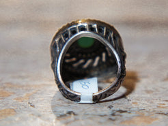 anello turco in stile arabo, argento, radice di smeraldo. top quality stone, lavorati a mano, cesellato artigianalmente .  misura anello 16, dimensioni frontale diametro 2.5, spessore totale 3cm, peso 15 gr