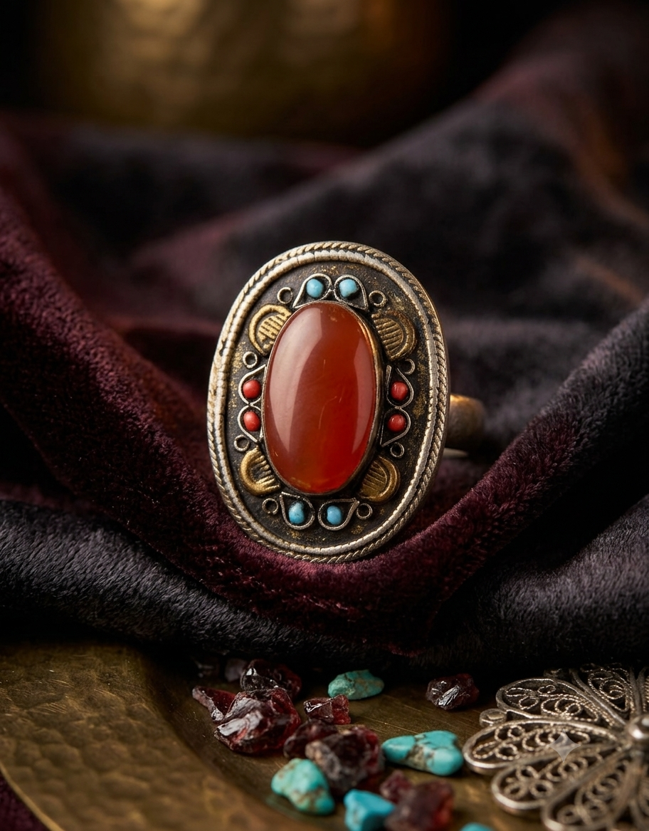 Anello etnico indiano con pietre naturali su sfondo neutro