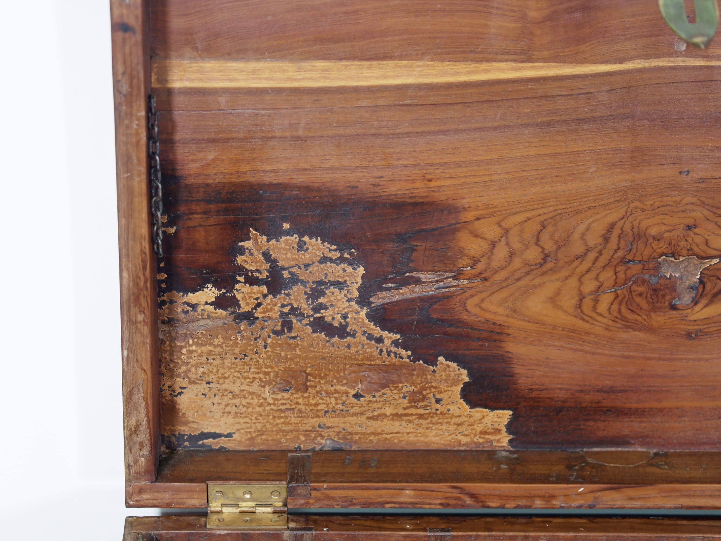 Baule Indiano in legno di teak con rinforzi laterali in ottone. Venivano usate in genere dagli Inglesi per i comuni spostamenti per contenere spezie, trucco e gioielli di uso giornaliero. Pezzo interamente originale e di difficile reperibilità. Databile primi '900.  Dimensioni 82x47 h46cm