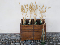 Cassa in legno con 12 bottiglie per acqua frizzante. In uso in India dagli anni 40 ai primi anni 90 le bottiglie venovano usate per fare l'acqua frizzante. Bottiglie e cassetta interamente lavorate in modo artigianale, pezzo vintage originale e di difficile reperibilità se completo come l'articolo in foto. Ogni bottiglia è differente l'una dall'altra ed ogni cassa ha delle caratteristiche relative a fornitore, regione...  dimensioni 30x30xh40cm