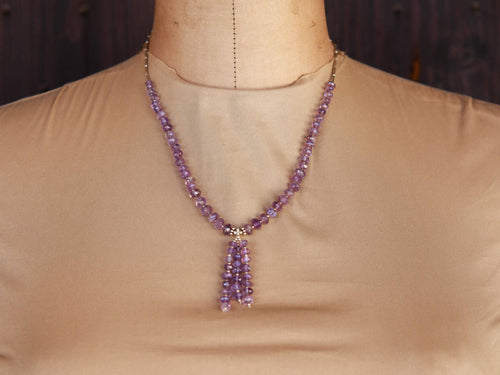 collana indiana in ametista sfaccettato e argento.  lunghezza totale 40cm, pendaglio a 3 fili lunghezza 4cm peso 16 gr