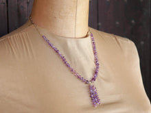 Carica l&#39;immagine nel visualizzatore di Gallery, collana indiana in ametista sfaccettato e argento.  lunghezza totale 40cm, pendaglio a 3 fili lunghezza 4cm peso 16 gr