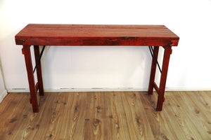 Consolle In Teak Color Rosso Con Gambe Pieghevoli, Provenienza India.  Dimensioni 130x40xh77cm.