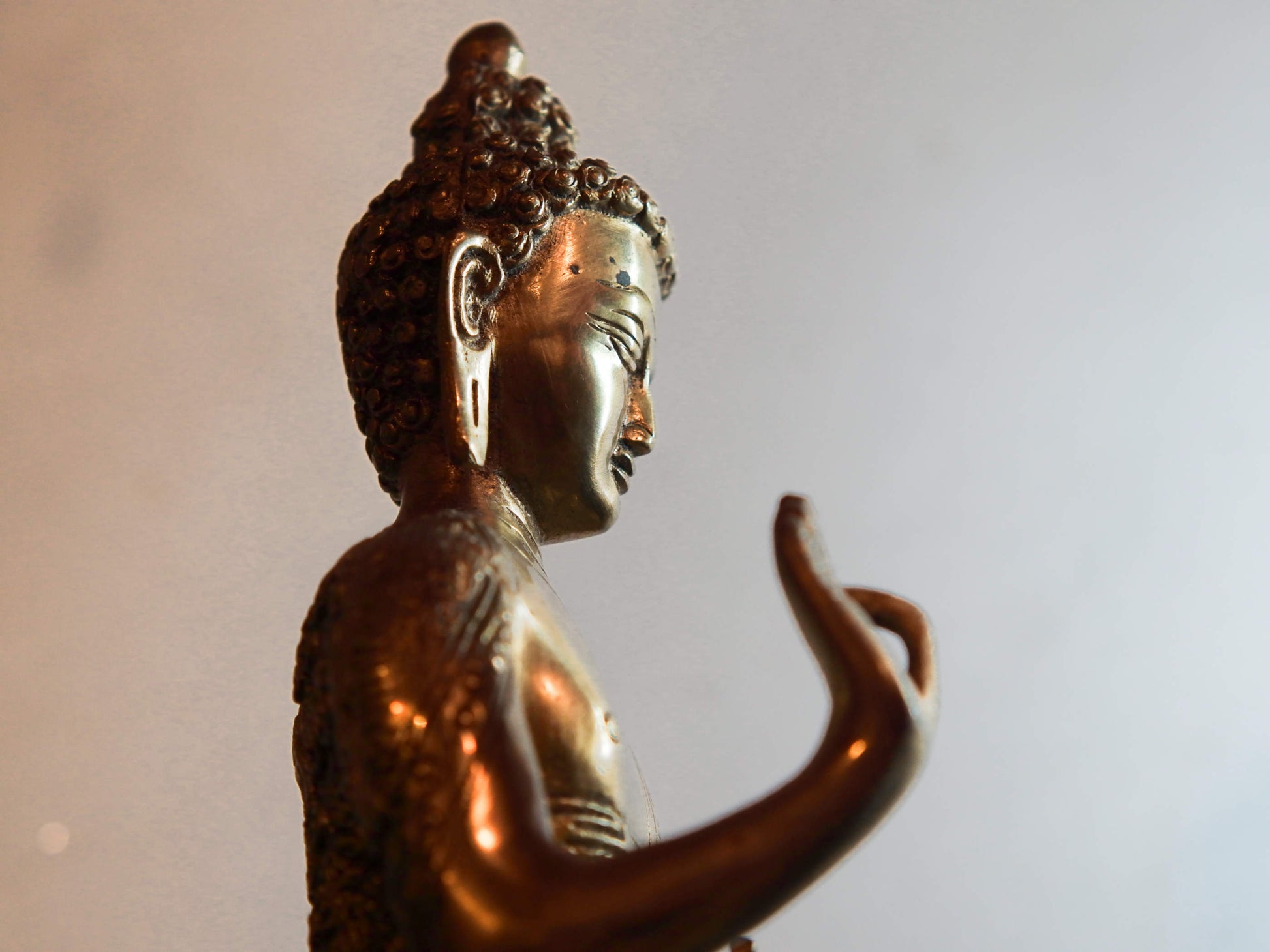 il Buddha è raffigurato con le gambe incrociate, i piedi posizionati allo stesso livello, con la pianta rivolta verso l’alto.