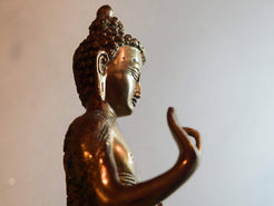 il Buddha è raffigurato con le gambe incrociate, i piedi posizionati allo stesso livello, con la pianta rivolta verso l’alto.