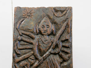 statua indiana con basamento in metallo raffigurante kali  Pannello antico databile primi 900 , inciso su tronco di teak massello , rara ed introvabile conservata al 100% .