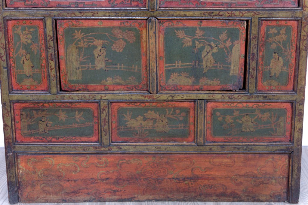 Madia Tibetana A 8 Pannelli, 2 Ante A Vetro E 2 Ante. Databile Fine '800. Dimensioni 85x34xh83cm.