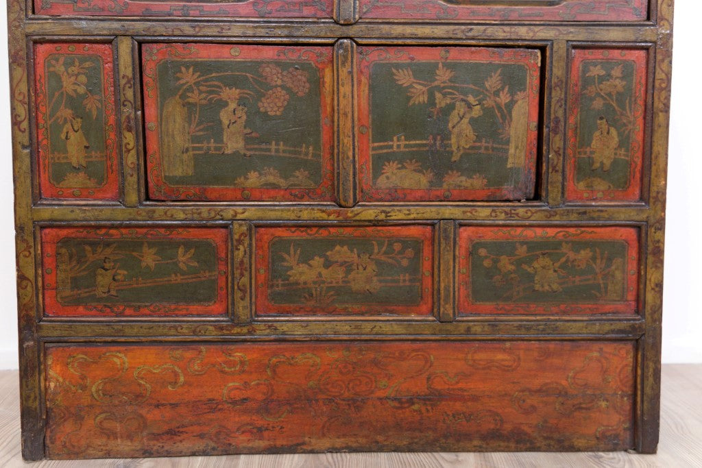 Madia Tibetana A 8 Pannelli, 2 Ante A Vetro E 2 Ante. Databile Fine '800. Dimensioni 85x34xh83cm.