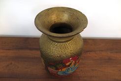 Vaso Indiano In Legno Dipinto Rosso E Oro, Pezzo Unico Ricavato Da Un Unico Tronco Di Legno.  Dimensioni Diam20xh28cm.