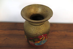 Vaso Indiano In Legno Dipinto Rosso E Oro, Pezzo Unico Ricavato Da Un Unico Tronco Di Legno.  Dimensioni Diam20xh28cm.