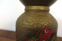 Vaso Indiano In Legno Dipinto Rosso E Oro, Pezzo Unico Ricavato Da Un Unico Tronco Di Legno.  Dimensioni Diam20xh28cm.