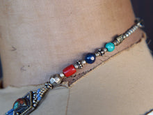 Carica l&#39;immagine nel visualizzatore di Gallery, collana nepalese / tibetana multifilo con corallo, turchese, lapis e argento. no pasta ma pietre vere non tinte o modificate nel colore, qualità top. assemblata artigianalmente, pezzo unico.  lunghezza totale collana 43 cm, pendaglio 3.5x5.5cm, peso 74 gr