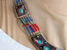 Carica l&#39;immagine nel visualizzatore di Gallery, collana nepalese / tibetana multifilo con corallo, turchese, lapis e argento. no pasta ma pietre vere non tinte o modificate nel colore, qualità top. assemblata artigianalmente, pezzo unico.  lunghezza totale collana 43 cm, pendaglio 3.5x5.5cm, peso 74 gr