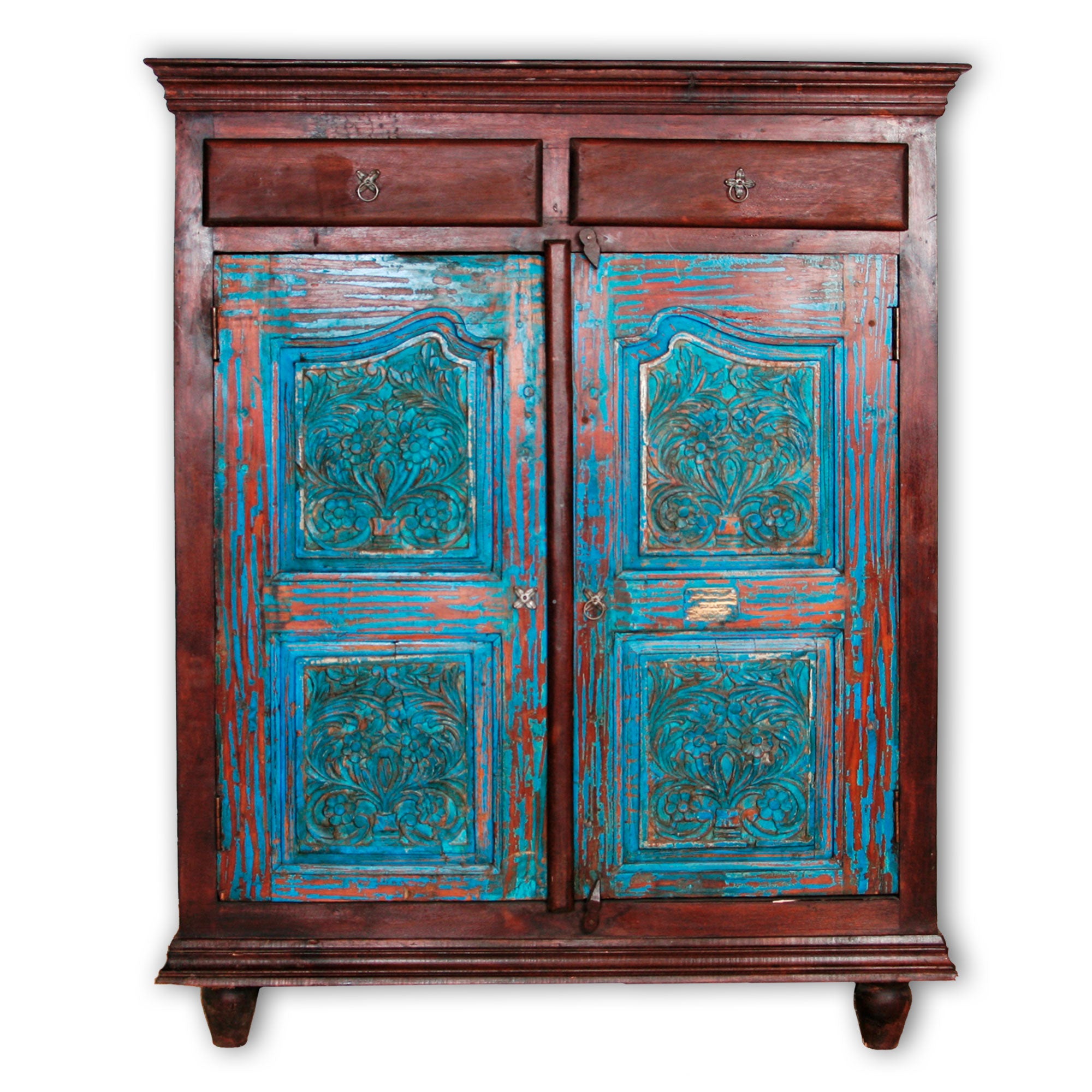 Credenza indiana in legno di teak riciclato con 2 cassetti e 2 ante. Mobile etnico assemblato con solo incastri in legno, senza cavicchi in metallo con l'utilizzo di legno vecchio recuperato e vecchie ante incise con motivi floreali, laccato in base di gesso azzurro su legno, lavorato ed assemblato artigianalmente. Pezzo unico. Dimensioni 120x45xh150cm.