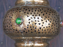 Carica l&#39;immagine nel visualizzatore di Gallery, Lanterna marocchina in metallo lavorata artigianalmente, finemente decorata a traforo, con vetri incastonati mix color.   dimensioni diametro 25  h55     per info ed ulteriori foto info@etniko.it facebook / instagram / pinterest : etnikobycrosato 0039 3338778241