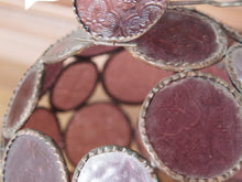 Carica l&#39;immagine nel visualizzatore di Gallery, Lanterna marocco in metallo lavorata artigianalmente, vetro color ambra finemente decorato a incisione, con piccola finestrella in alto.  dimensioni diametro 23 h33     per info ed ulteriori foto info@etniko.it facebook / instagram / pinterest : etnikobycrosato 0039 3338778241